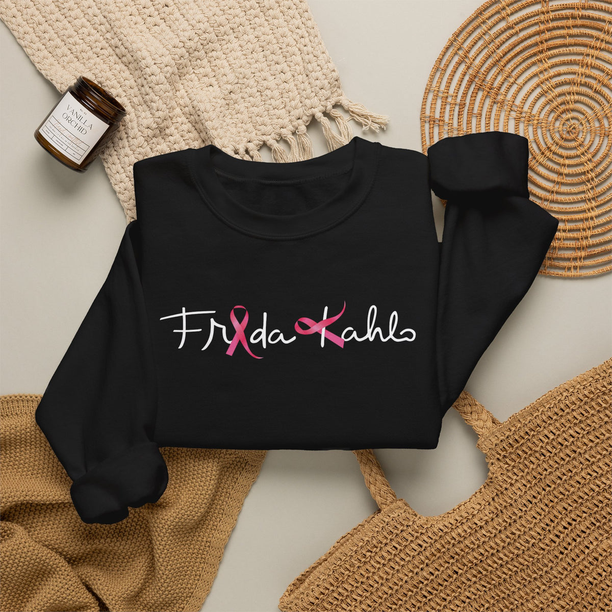 Frida Kahlo Pink Ribbon Logo Breast Cancer Awareness Sweatshirt in Black, flat lay styled