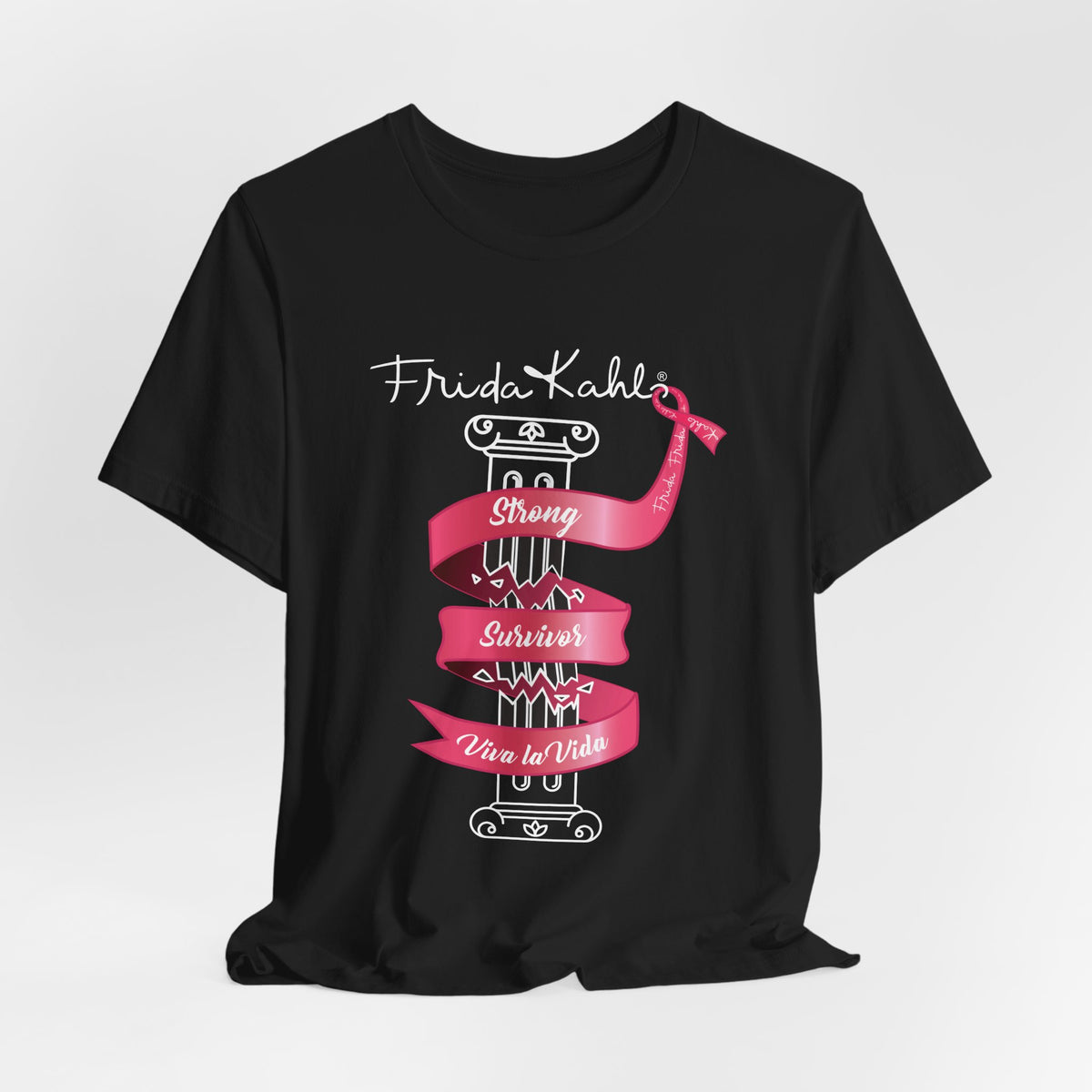 Frida Kahlo Pink Ribbon Banner Breast Cancer Awareness T-Shirt in Black, lifestyle photo