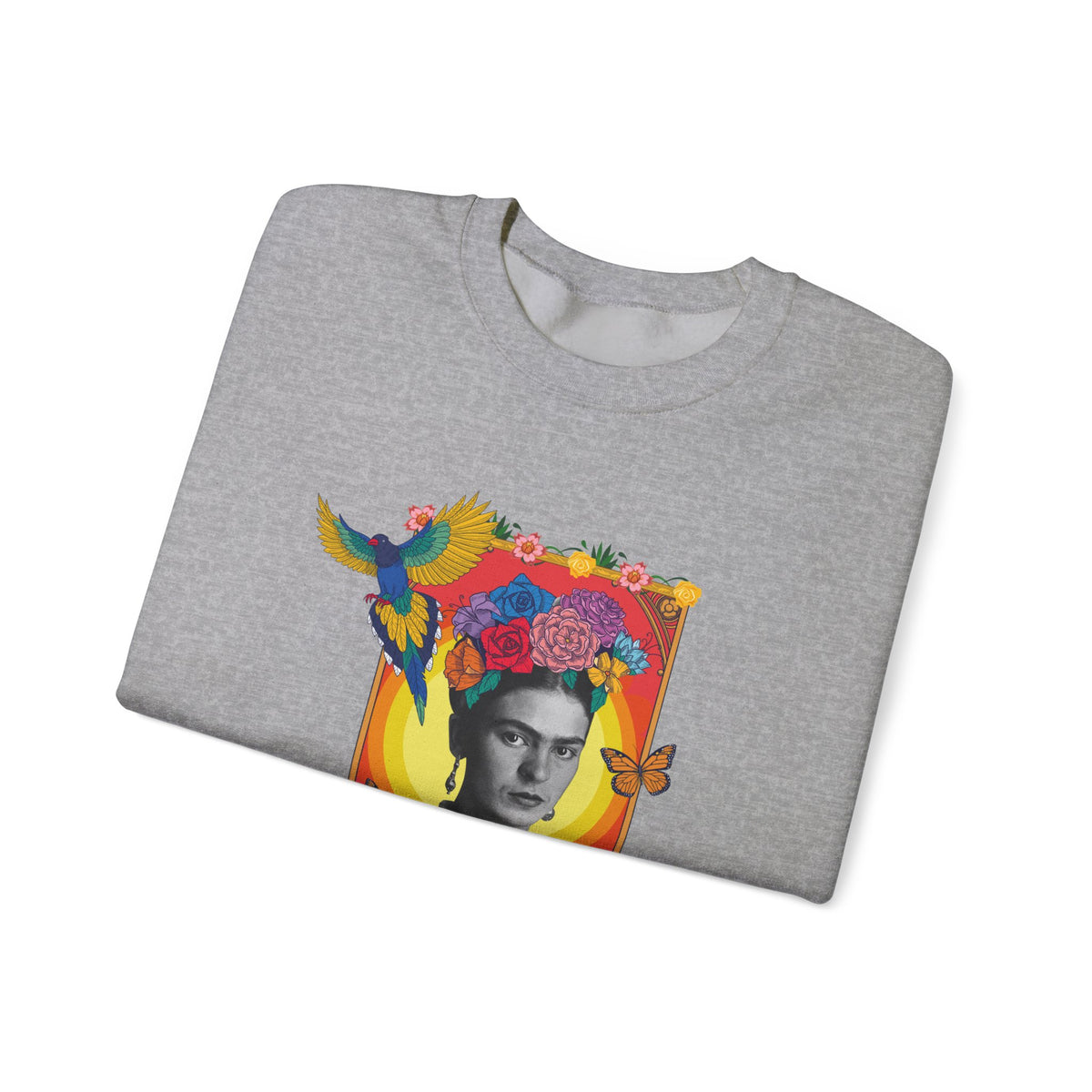 Frida Kahlo Hummingbird Golden Frame Crewneck Sweatshirt in Sport Grey, folded