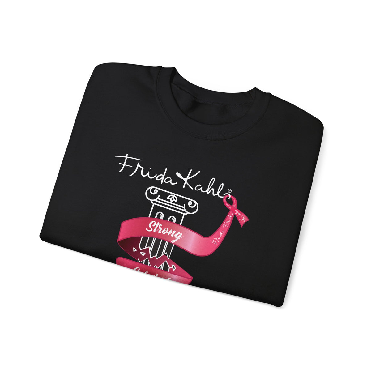 Frida Kahlo Pink Ribbon Banner Breast Cancer Awareness Sweatshirt in Black, folded