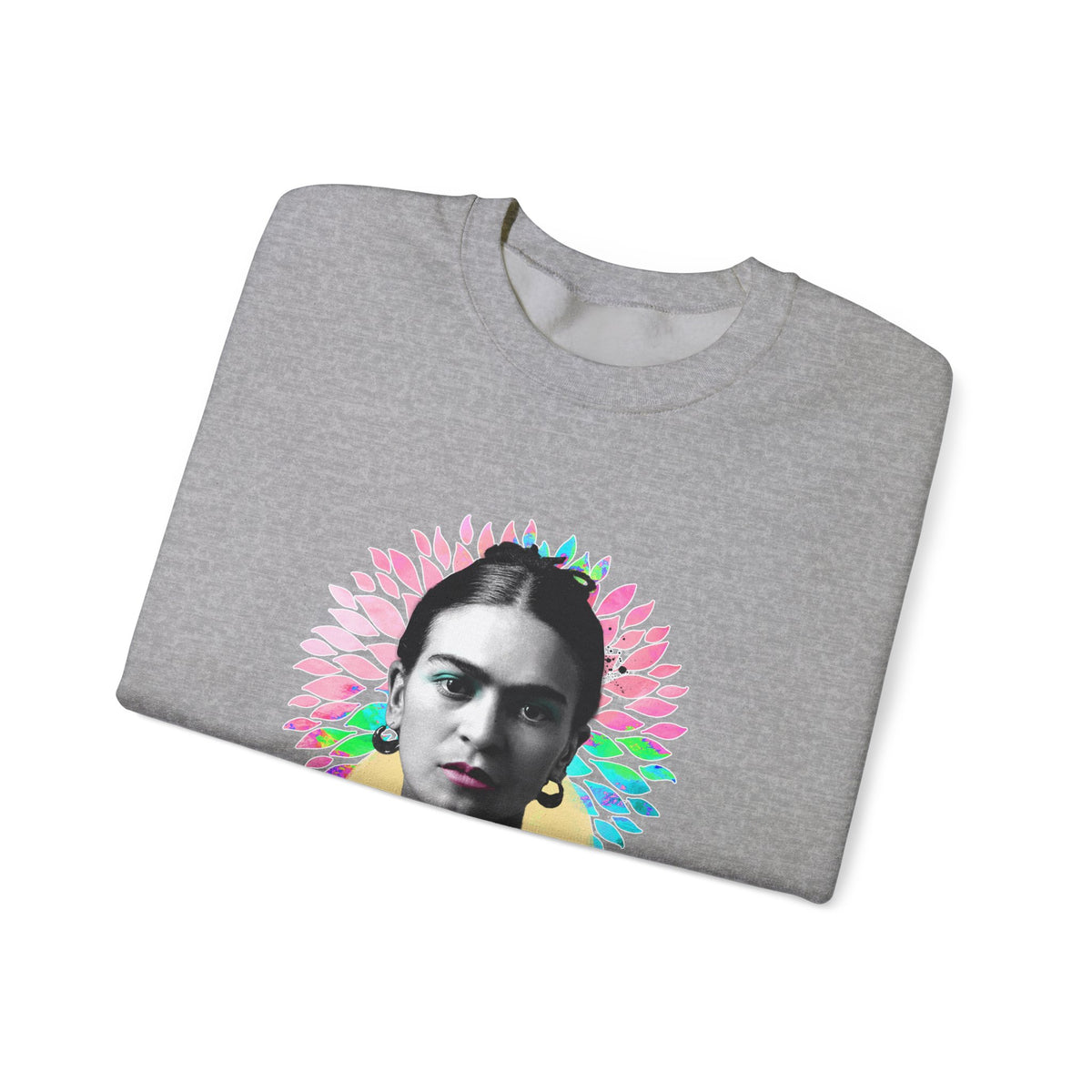 Frida Kahlo Flower Halo Portrait Crewneck Sweatshirt in Sport Grey, folded