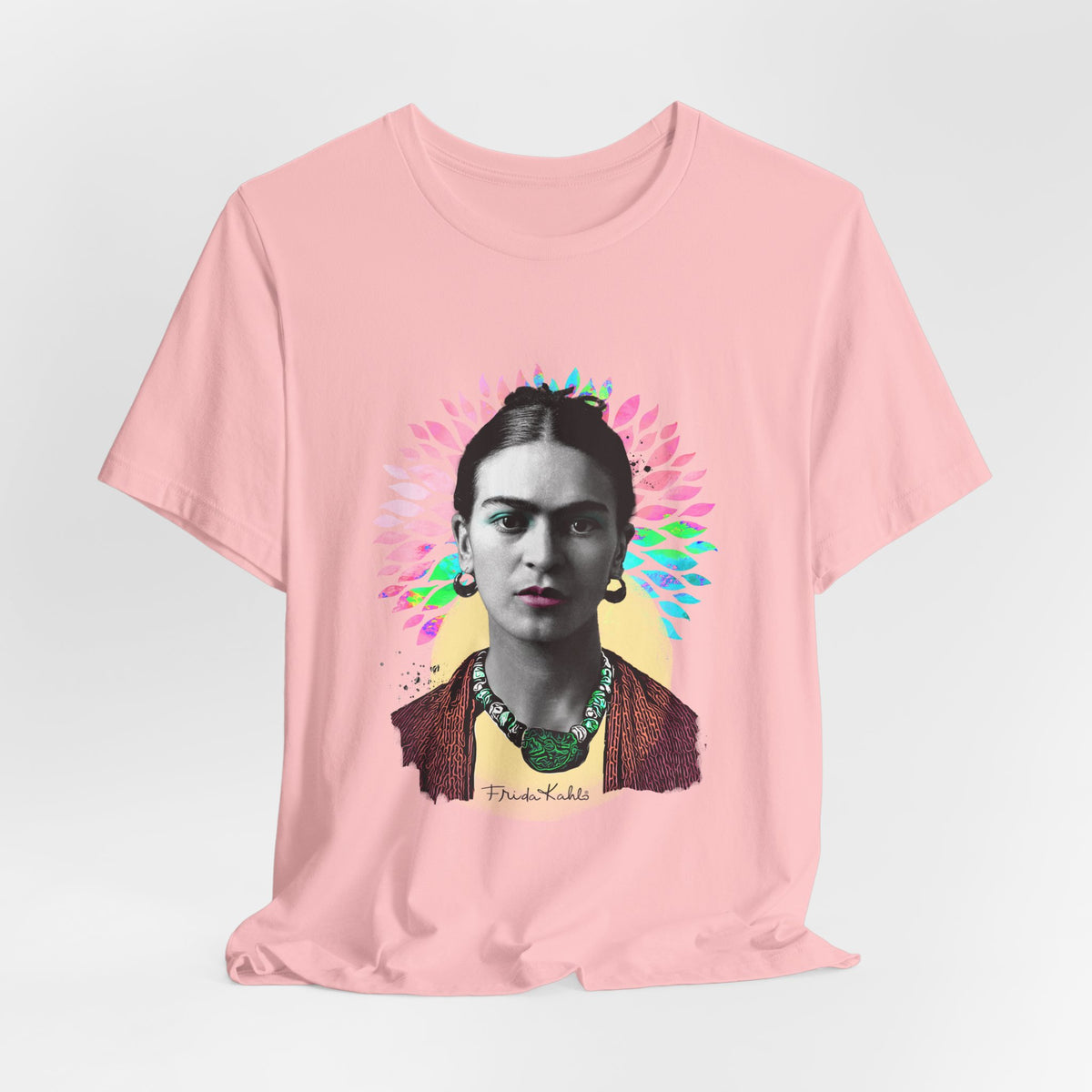 Frida Kahlo Flower Halo Portrait T-Shirt in Pink, hanging