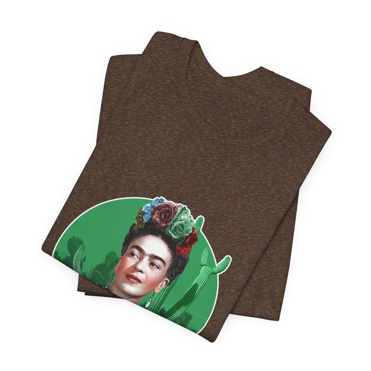 Frida Kahlo Cactus Garden Medallion T-Shirt in Heather Brown, folded