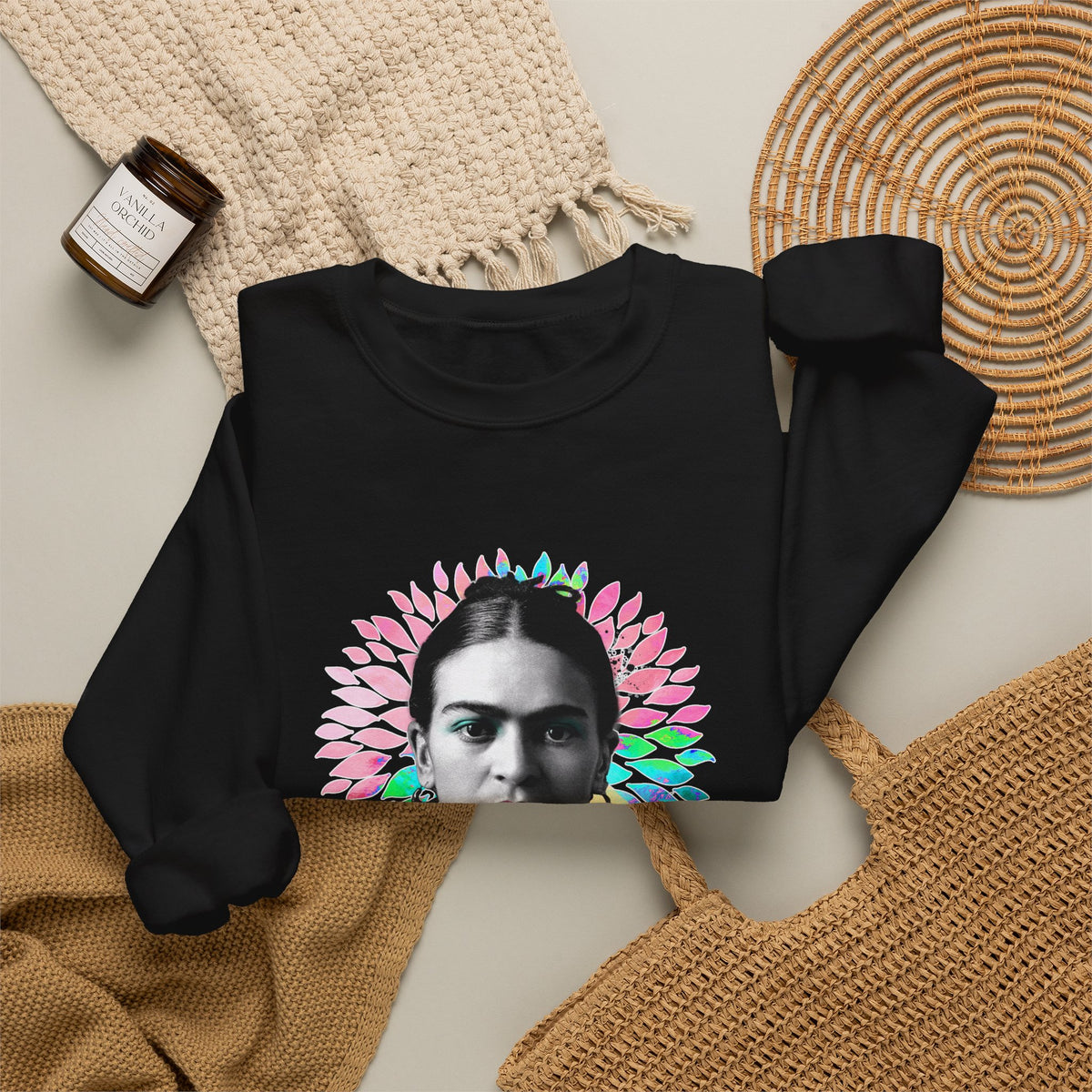 Frida Kahlo Flower Halo Portrait Crewneck Sweatshirt in Black, flat lay styled