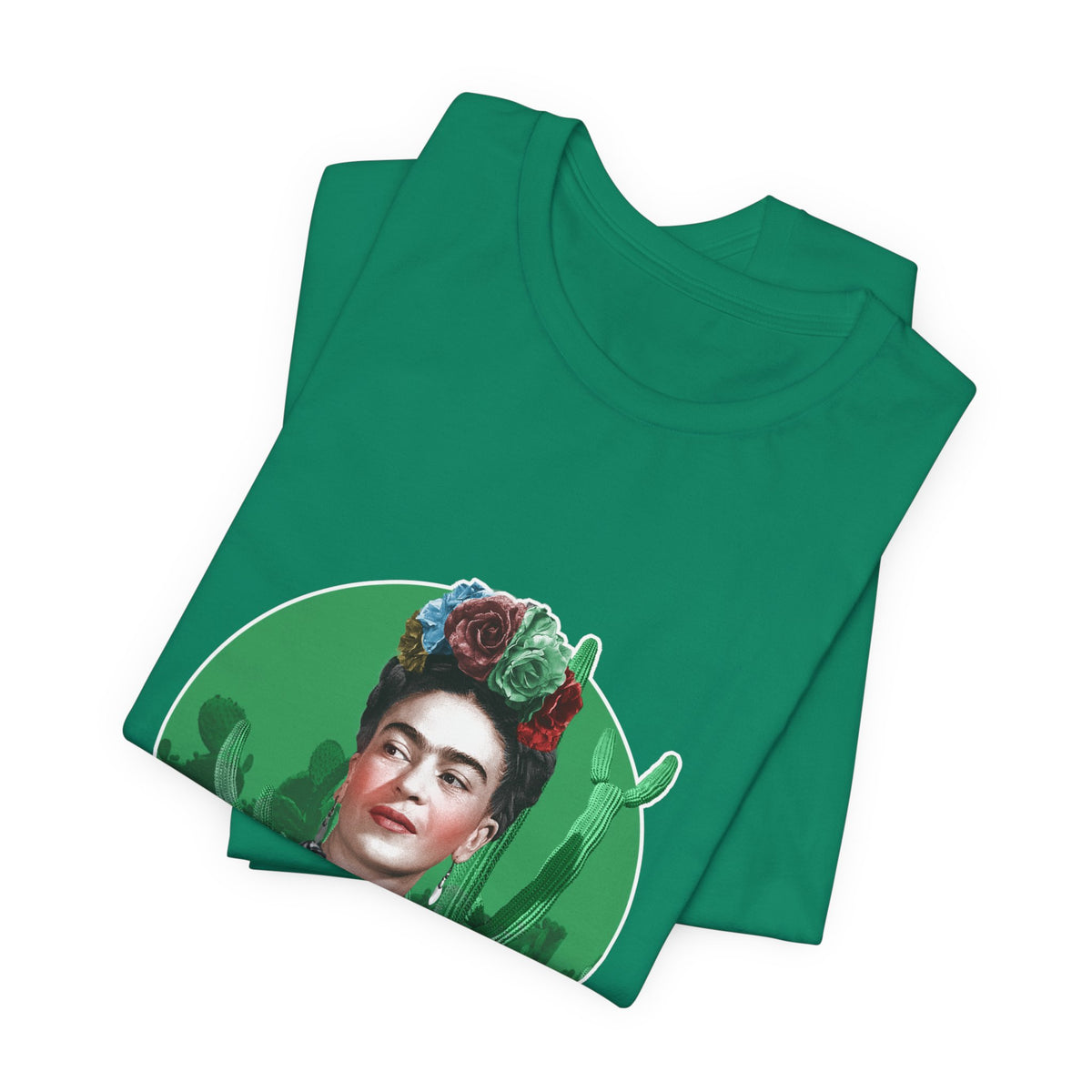 Frida Kahlo Cactus Garden Medallion T-Shirt in Kelly, folded
