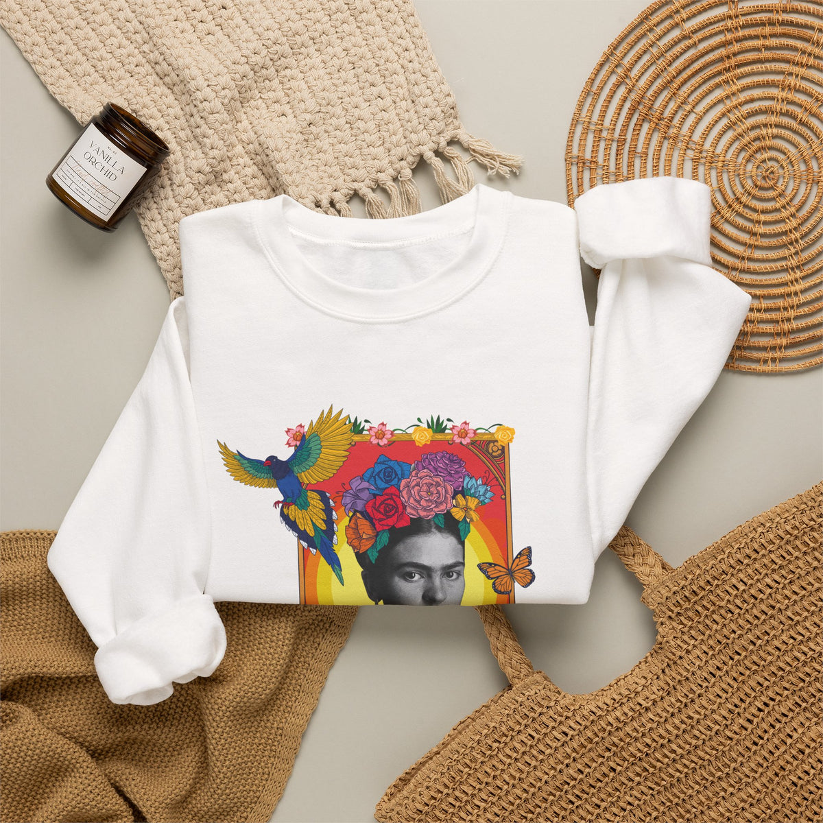 Frida Kahlo Hummingbird Golden Frame Crewneck Sweatshirt in White, flat lay styled