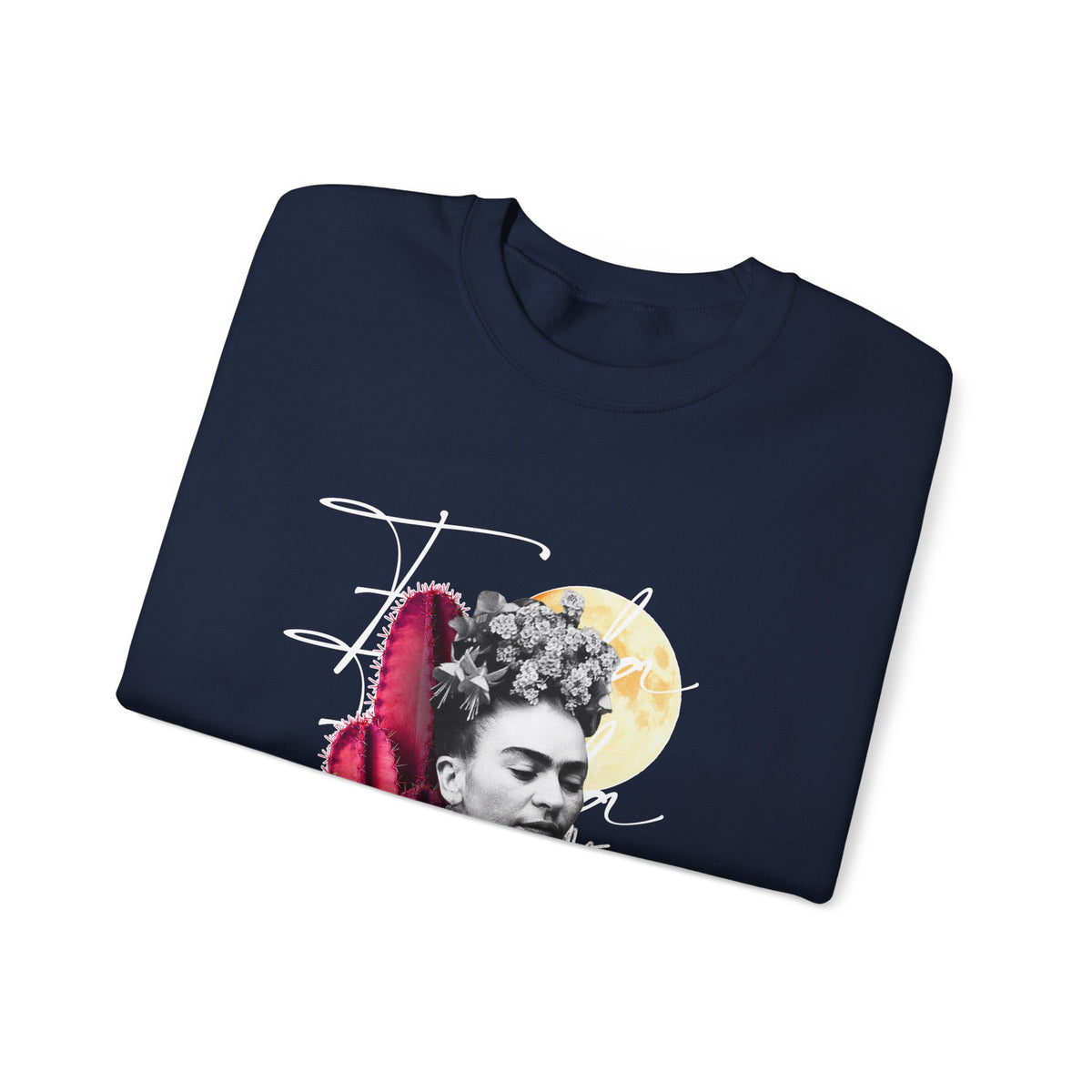 Frida Kahlo Moonlight Script Collage Crewneck Sweatshirt in Navy, folded
