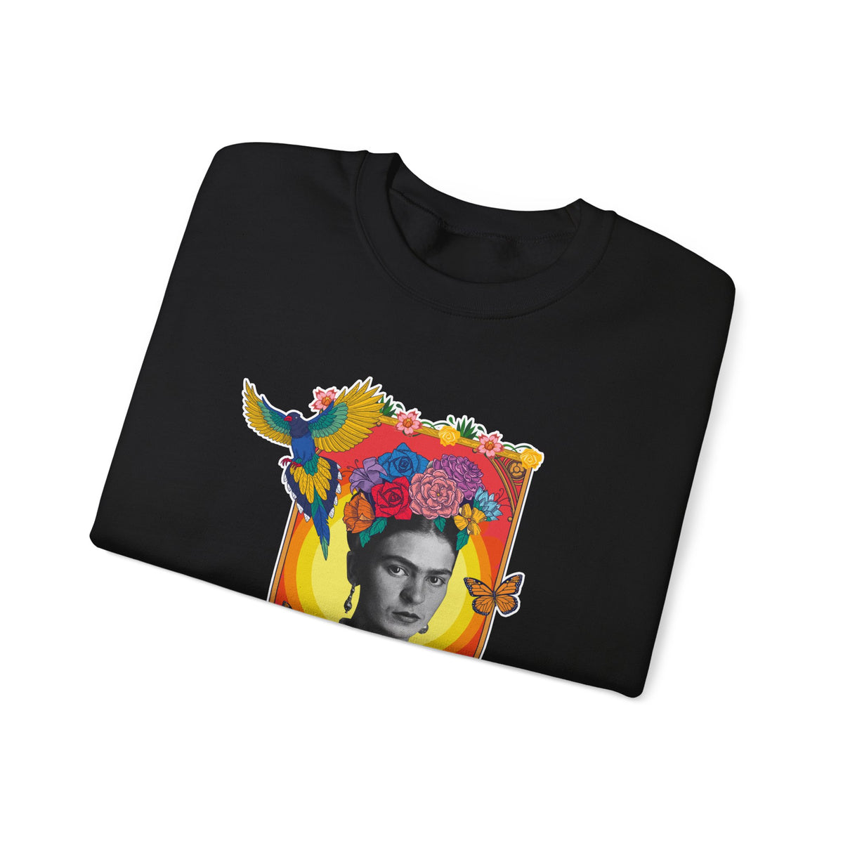 Frida Kahlo Hummingbird Golden Frame Crewneck Sweatshirt in Black, folded