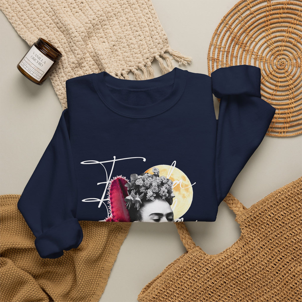 Frida Kahlo Moonlight Script Collage Crewneck Sweatshirt in Navy, flat lay styled