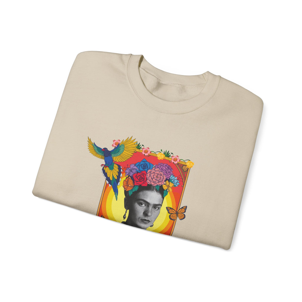 Frida Kahlo Hummingbird Golden Frame Crewneck Sweatshirt in Sand, folded