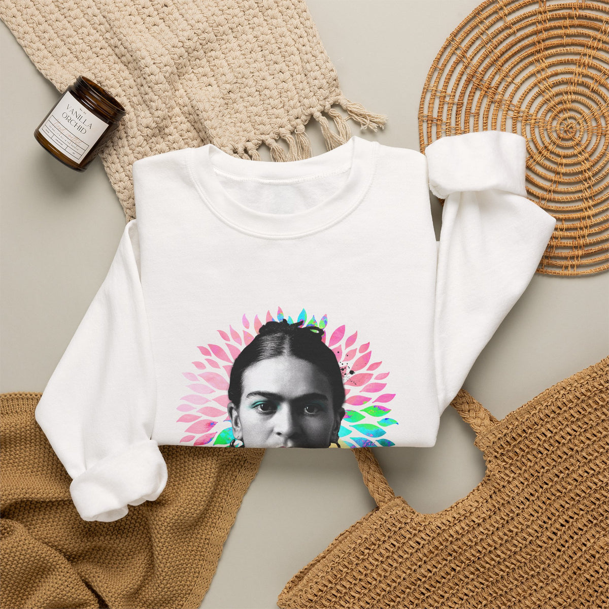 Frida Kahlo Flower Halo Portrait Crewneck Sweatshirt