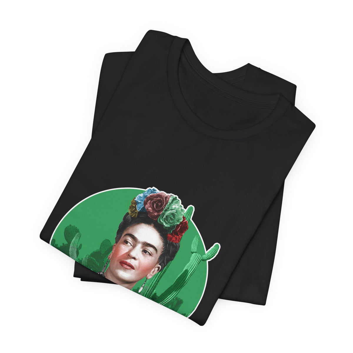Frida Kahlo Cactus Garden Medallion T-Shirt in Black, folded