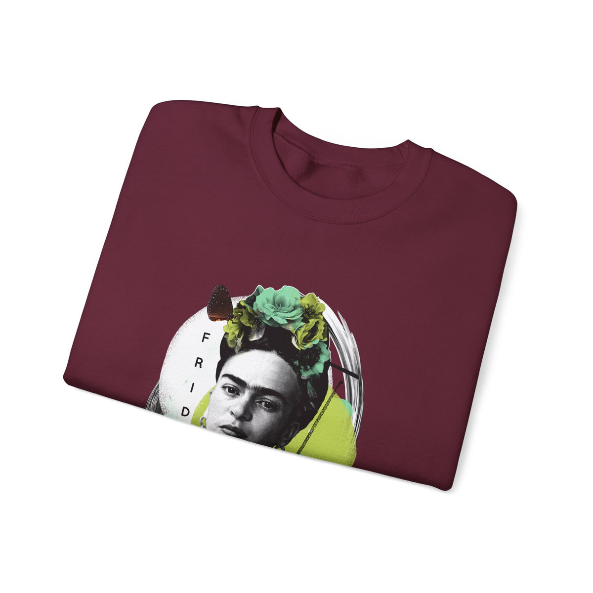 Frida Kahlo Modern Collage Portrait Crewneck Sweatshirt in Maroon, folded