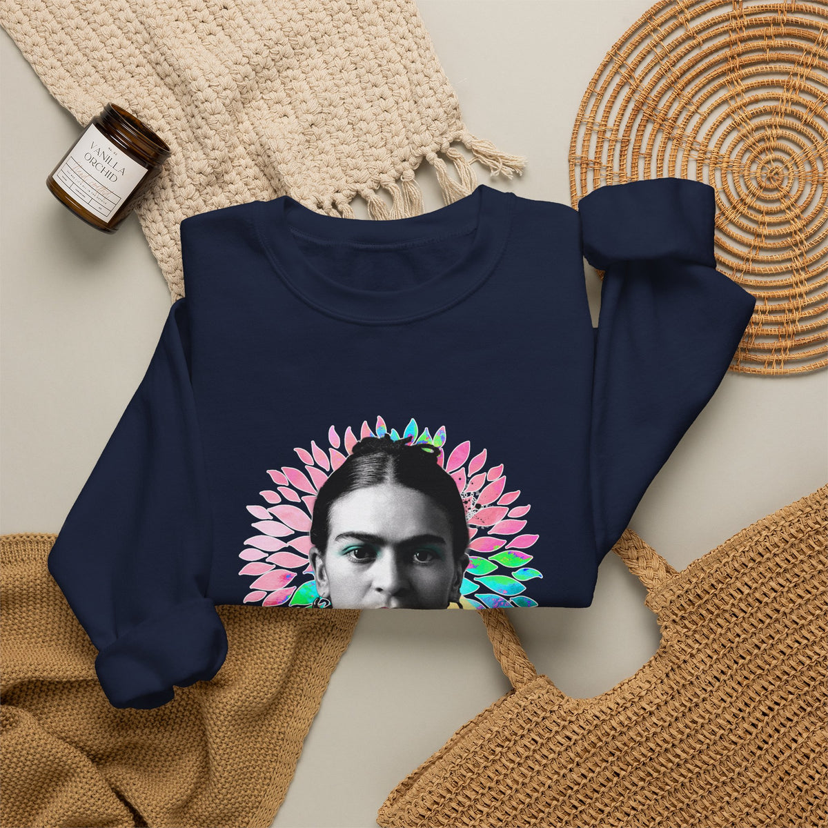 Frida Kahlo Flower Halo Portrait Crewneck Sweatshirt in Navy, flat lay styled