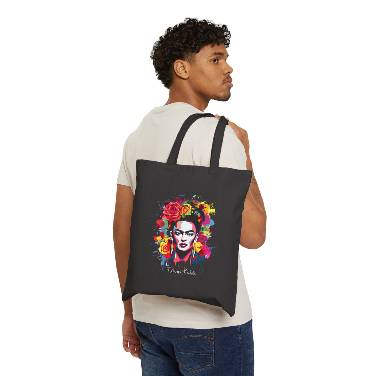 Frida Kahlo Bold Floral Crown Portrait Canvas Tote Bag in Black, worn, front