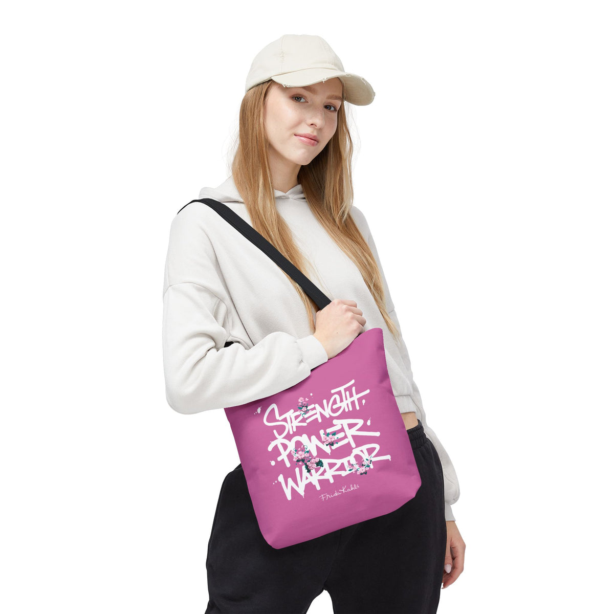 Frida Kahlo Strength Power Warrior Tote Bag - Breast Cancer Awareness - 13" × 13'', lifestyle photo