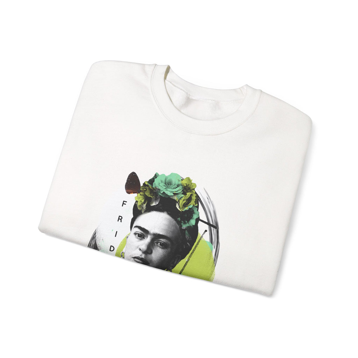 Frida Kahlo Modern Collage Portrait Crewneck Sweatshirt in White, folded