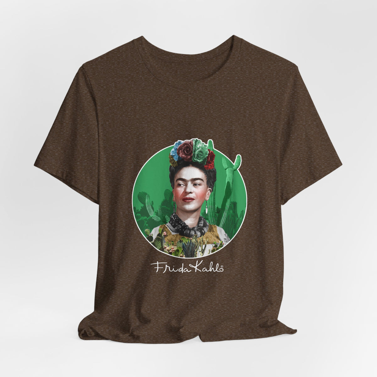 Frida Kahlo Cactus Garden Medallion T-Shirt in Heather Brown, hanging