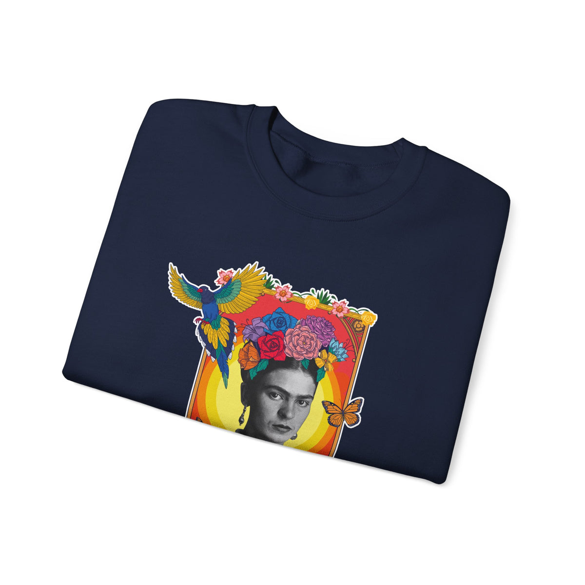 Frida Kahlo Hummingbird Golden Frame Crewneck Sweatshirt in Navy, folded