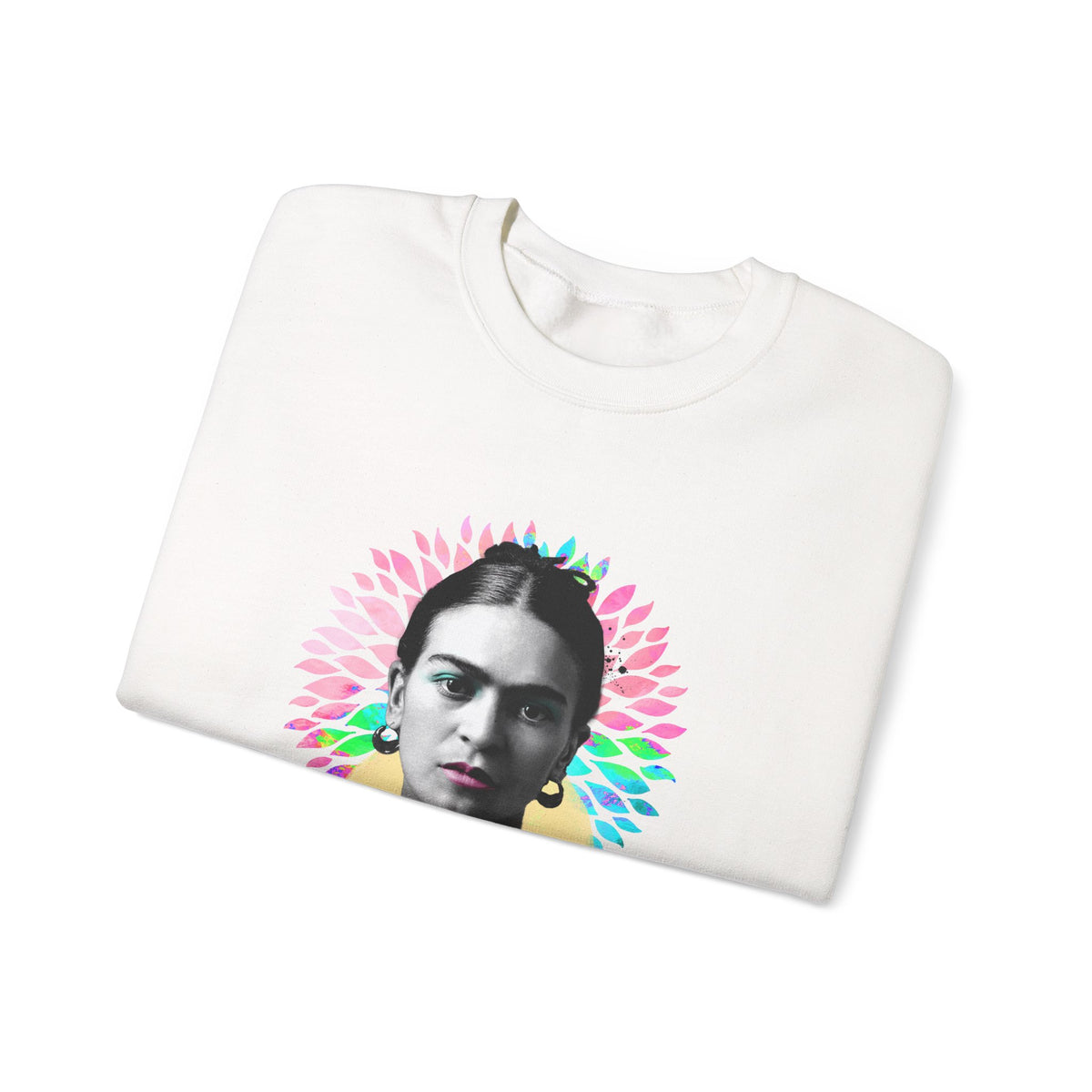 Frida Kahlo Flower Halo Portrait Crewneck Sweatshirt in White, folded