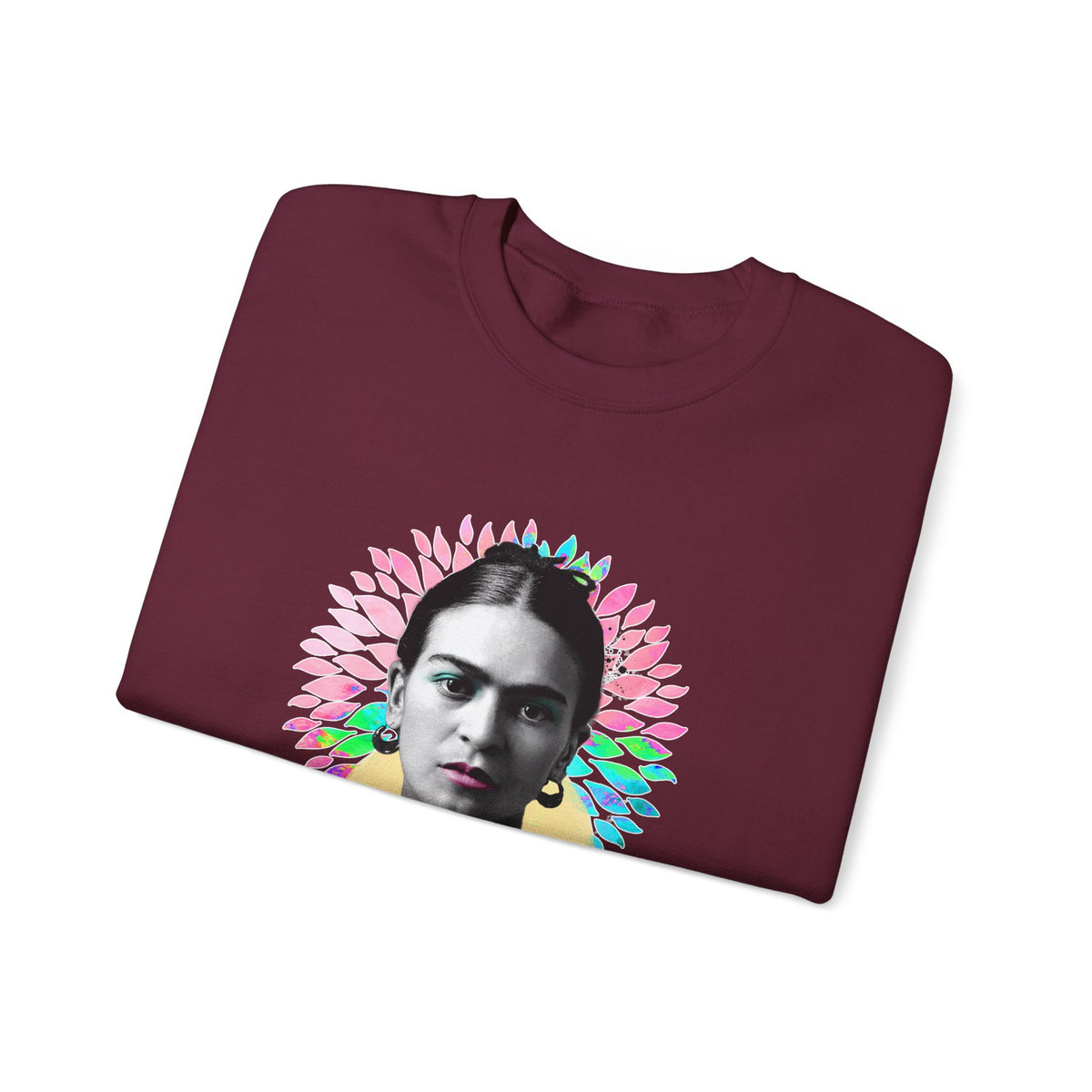 Frida Kahlo Flower Halo Portrait Crewneck Sweatshirt in Maroon, folded