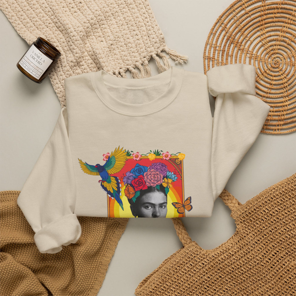 Frida Kahlo Hummingbird Golden Frame Crewneck Sweatshirt in Sand, flat lay styled