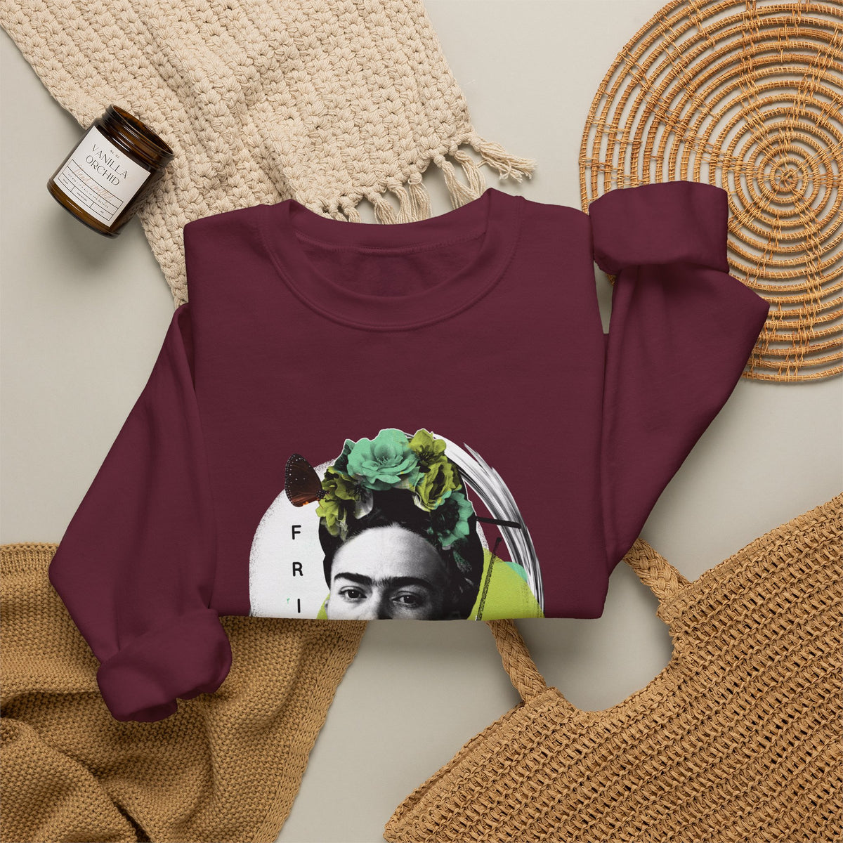 Frida Kahlo Modern Collage Portrait Crewneck Sweatshirt in Maroon, flat lay styled